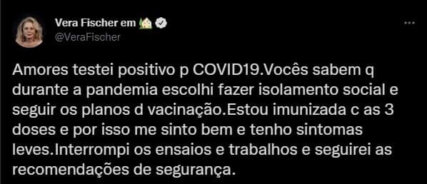 Vera Fischer revela que testou positivo para Covid-19 - Foto: Reprodução Vera Fischer revela que testou positivo para Covid-19 - Foto: Reprodução