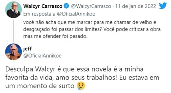 Walcyr Carrasco deu puxão de orelha e recebeu pedido de desculpas do internauta (Reprodução/ Twitter) Walcyr Carrasco deu puxão de orelha e recebeu pedido de desculpas do internauta (Reprodução/ Twitter)