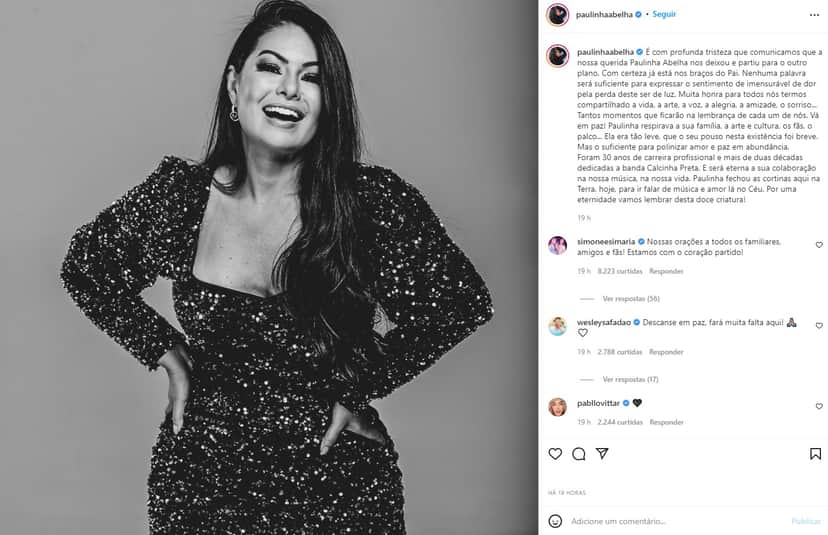 Declaração da equipe da Paulinha Abelha sobre a morte da cantora (Reprodução: Instagram) Declaração da equipe da Paulinha Abelha sobre a morte da cantora (Reprodução: Instagram)