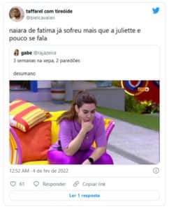 Público ficou com dó de Naiara (Foto: Reprodução / Twitter) Público ficou com dó de Naiara (Foto: Reprodução / Twitter)