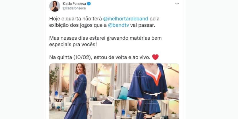 Catia Fonseca fica fora do ar na Band, expõe real motivo de saída e confirma: "Não terá Melhor da Tarde" Catia Fonseca fica fora do ar na Band, expõe real motivo de saída e confirma: "Não terá Melhor da Tarde"