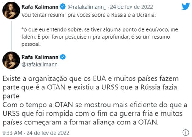 Alguns dos tuíter de Rafa Kalimann sobre o assunto; Apresentadora foi duramente criticada (Reprodução/ Twitter) Alguns dos tuíter de Rafa Kalimann sobre o assunto; Apresentadora foi duramente criticada (Reprodução/ Twitter)