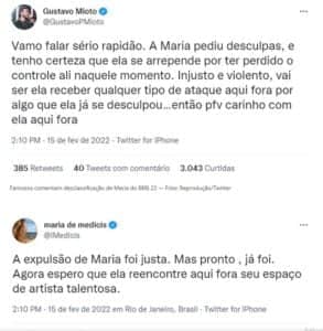 O cantor Gustavo Mioto e a diretora Maria de Medicis se solidarizaram com Maria (Foto: Reprodução / Twitter) O cantor Gustavo Mioto e a diretora Maria de Medicis se solidarizaram com Maria (Foto: Reprodução / Twitter)