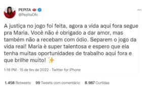 Pepita falou sobre o 'linchamento virtual' (Foto: Reprodução / Twitter) Pepita falou sobre o 'linchamento virtual' (Foto: Reprodução / Twitter)