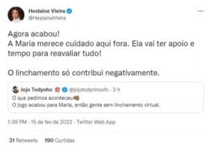 Jojo Todynho e a atriz Heslane Vieira se solidarizaram com Maria (Foto: Reprodução / Twitter) Jojo Todynho e a atriz Heslane Vieira se solidarizaram com Maria (Foto: Reprodução / Twitter)