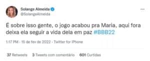 Solange Almeida falou sobre a repercussão da expulsão de Maria (Foto: Reprodução / Twitter) Solange Almeida falou sobre a repercussão da expulsão de Maria (Foto: Reprodução / Twitter)