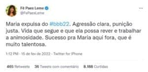 Fã do BBB22, Fernanda Paes Leme também se pronunciou (Foto: Reprodução / Twitter) Fã do BBB22, Fernanda Paes Leme também se pronunciou (Foto: Reprodução / Twitter)