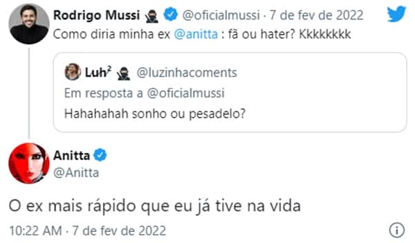 Anitta respondeu em tom de deboche Rodrigo Mussi (Reprodução/ Twitter) Anitta respondeu em tom de deboche Rodrigo Mussi (Reprodução/ Twitter)