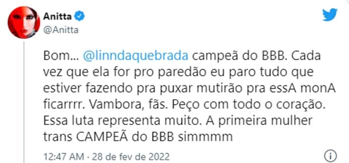 Anitta quer Linn Da Quebrada como campeã do BBB22 (Reprodução/ Twitter) Anitta quer Linn Da Quebrada como campeã do BBB22 (Reprodução/ Twitter)