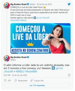 Rede social do BBB22 acabou informando que a live sofreria um atraso (Foto: Reprodução / Twitter) Rede social do BBB22 acabou informando que a live sofreria um atraso (Foto: Reprodução / Twitter)