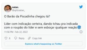 Internautas reagiram ao fato do líder ter indicado Brunna e ela ter sido eliminada (Foto: Reprodução / Twitter) Internautas reagiram ao fato do líder ter indicado Brunna e ela ter sido eliminada (Foto: Reprodução / Twitter)