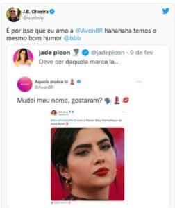 Boninho deu 'aval' para a invertida da Avon na equipe de ADMs de Jade Picon (Foto: Reprodução / Twitter) Boninho deu 'aval' para a invertida da Avon na equipe de ADMs de Jade Picon (Foto: Reprodução / Twitter)