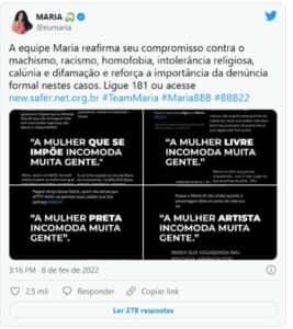 A equipe de administradores das redes sociais de Maria falaram sobre os ataques que ela está recebendo (Foto: Reprodução / Twitter) A equipe de administradores das redes sociais de Maria falaram sobre os ataques que ela está recebendo (Foto: Reprodução / Twitter)