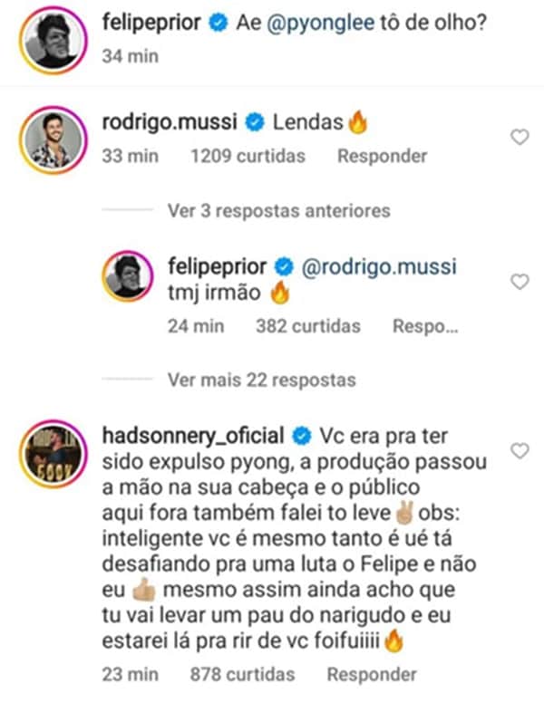 Hadson Nery dá esculachada em Pyong Lee em publicação de Felipe Prior (Reprodução/ Instagram) Hadson Nery dá esculachada em Pyong Lee em publicação de Felipe Prior (Reprodução/ Instagram)