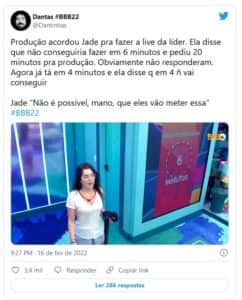 Internautas reagiram ao atraso de Jade para a live da líder (Foto: Reprodução / Twitter) Internautas reagiram ao atraso de Jade para a live da líder (Foto: Reprodução / Twitter)