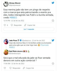 Internautas detonaram atitude de Jade Picon com as patrocinadoras do BBB22 (Foto: Reprodução / Twitter) Internautas detonaram atitude de Jade Picon com as patrocinadoras do BBB22 (Foto: Reprodução / Twitter)