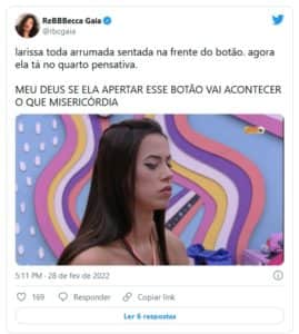 Larissa causou comoção na web ao encarar botão de desistência (Foto: Reprodução / Twitter) Larissa causou comoção na web ao encarar botão de desistência (Foto: Reprodução / Twitter)