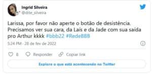 Larissa causou comoção na web ao encarar botão de desistência (Foto: Reprodução / Twitter) Larissa causou comoção na web ao encarar botão de desistência (Foto: Reprodução / Twitter)