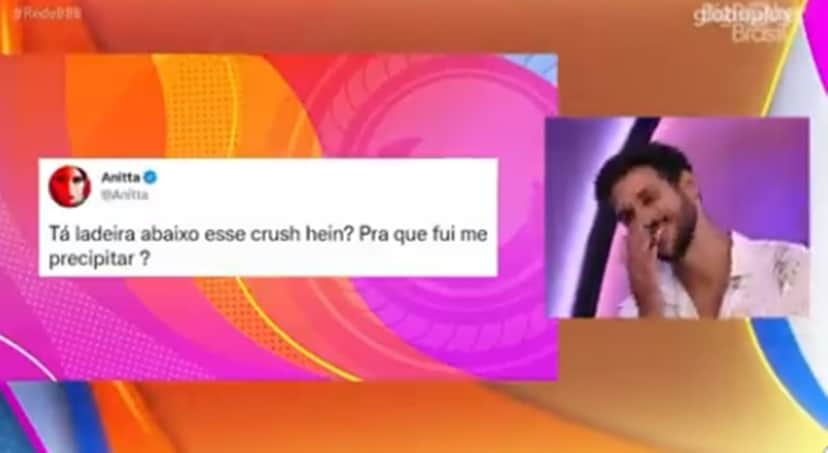 Rodrigo passa vergonha com tuítes de Anitta no Papo do Eliminado (Reprodução/ Twitter) Rodrigo passa vergonha com tuítes de Anitta no Papo do Eliminado (Reprodução/ Twitter)