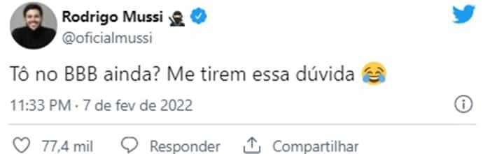 Rodrigo Mussi debocha dos ex-colegas que não param de falar dele no BBB22 (Reprodução/ Twitter) Rodrigo Mussi debocha dos ex-colegas que não param de falar dele no BBB22 (Reprodução/ Twitter)