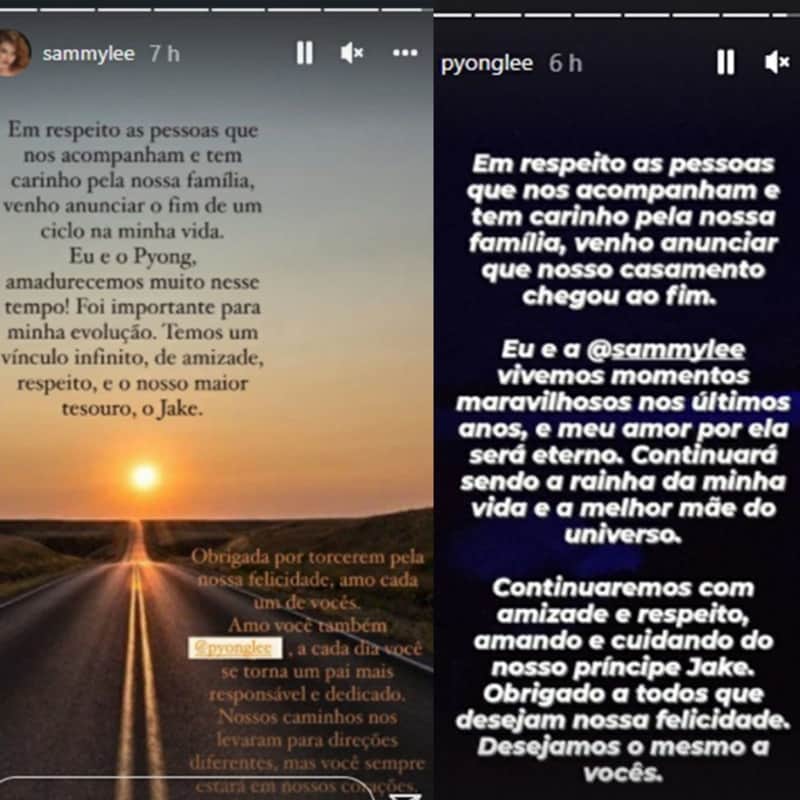 Os Stories de Sammy Lee e Pyong Lee sobre anuncio de término (Reprodução/ Montagem/ Instagram) Os Stories de Sammy Lee e Pyong Lee sobre anuncio de término (Reprodução/ Montagem/ Instagram)
