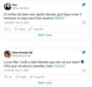 Internautas comemoram ida de Jade Picon para a Xepa do BBB22 (Foto: Reprodução / Twitter) Internautas comemoram ida de Jade Picon para a Xepa do BBB22 (Foto: Reprodução / Twitter)