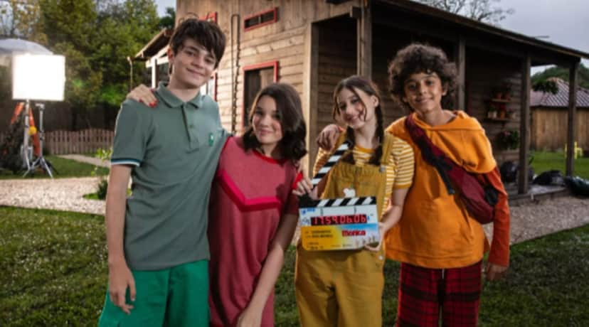 A turminha da Mônica durante as gravações da série para o Globoplay (Divulgação) A turminha da Mônica durante as gravações da série para o Globoplay (Divulgação)