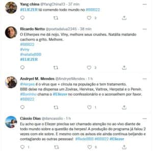 Internautas reagiram ao fato de Eliezer beijar Natália mesmo estando com herpes (Foto: Reprodução / Twitter) Internautas reagiram ao fato de Eliezer beijar Natália mesmo estando com herpes (Foto: Reprodução / Twitter)