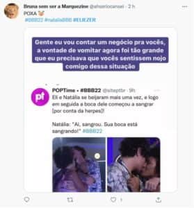 Internautas reagiram ao fato de Eliezer beijar Natália mesmo estando com herpes (Foto: Reprodução / Twitter) Internautas reagiram ao fato de Eliezer beijar Natália mesmo estando com herpes (Foto: Reprodução / Twitter)