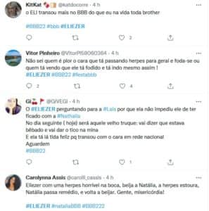 Internautas reagiram ao fato de Eliezer beijar Natália mesmo estando com herpes (Foto: Reprodução / Twitter) Internautas reagiram ao fato de Eliezer beijar Natália mesmo estando com herpes (Foto: Reprodução / Twitter)