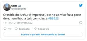 Web gostou do discurso de Arthur detonando Laís no BBB22 (Foto: Reprodução / Twitter) Web gostou do discurso de Arthur detonando Laís no BBB22 (Foto: Reprodução / Twitter)
