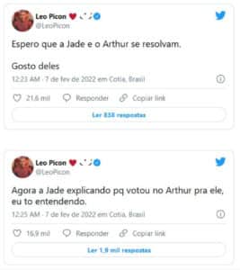 Leo Picon disse que torce por Jade e Arthur (Foto: Reprodução / Twitter)