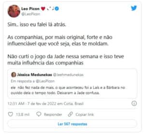 O irmão de Jade concordou com uma seguidora sobre Jade ter sido influenciada (Foto: Reprodução / Twitter)