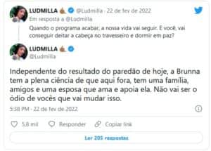  Ludmilla, desabafou sobre ataques que está recebendo por se posicionar a favor de Brunna Gonçalves no BBB22 (Foto: Reprodução / Twitter)