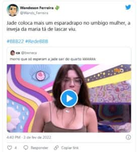 Internauta criticou Maria dizendo que ela sente inveja de Jade (Foto: Reprodução / Twitter) Internauta criticou Maria dizendo que ela sente inveja de Jade (Foto: Reprodução / Twitter)