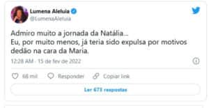 Ex-participante do BBB21, comentou sobre o 'linchamento' de Natália (Foto: Reprodução / Twitter) Ex-participante do BBB21, comentou sobre o 'linchamento' de Natália (Foto: Reprodução / Twitter)