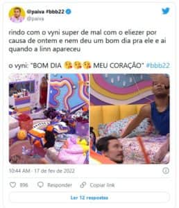 Web reagiu ao fato de Vyni ficar triste com Eliezer e Natália se 'pegando' (Foto: Reprodução / Twitter) Web reagiu ao fato de Vyni ficar triste com Eliezer e Natália se 'pegando' (Foto: Reprodução / Twitter)