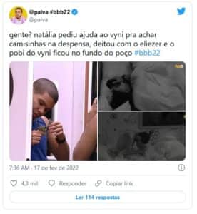 Web reagiu ao fato de Vyni ficar triste com Eliezer e Natália se 'pegando' (Foto: Reprodução / Twitter) Web reagiu ao fato de Vyni ficar triste com Eliezer e Natália se 'pegando' (Foto: Reprodução / Twitter)