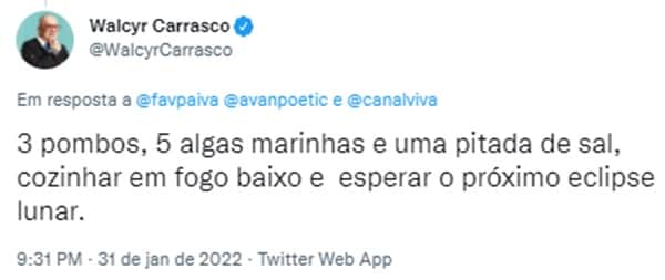 Anotem a receita do sucesso, caso você seja autor de novelas um dia (Reprodução/ Twitter) Anotem a receita do sucesso, caso você seja autor de novelas um dia (Reprodução/ Twitter)