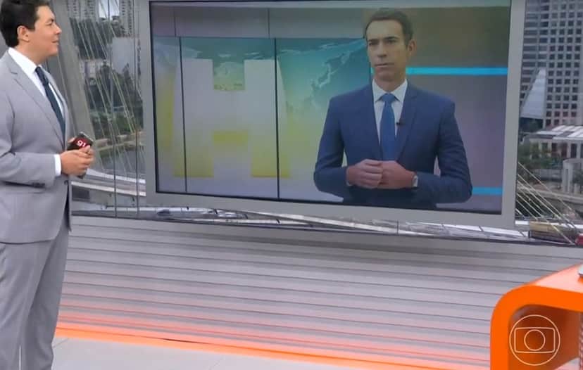 Alan Severiano e César Tralli em um link dentro do SP1- Foto: Reprodução/Globo Alan Severiano e César Tralli em um link dentro do SP1- Foto: Reprodução/Globo