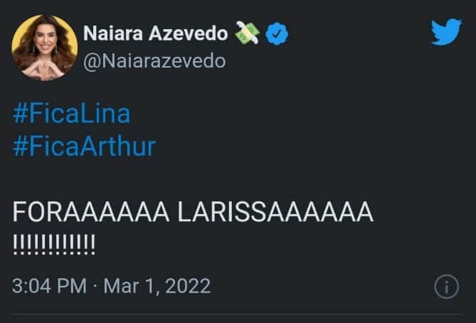 Naiara Azevedo pede eliminação de Larissa no BBB22 (Reprodução/ Twitter) Naiara Azevedo pede eliminação de Larissa no BBB22 (Reprodução/ Twitter)