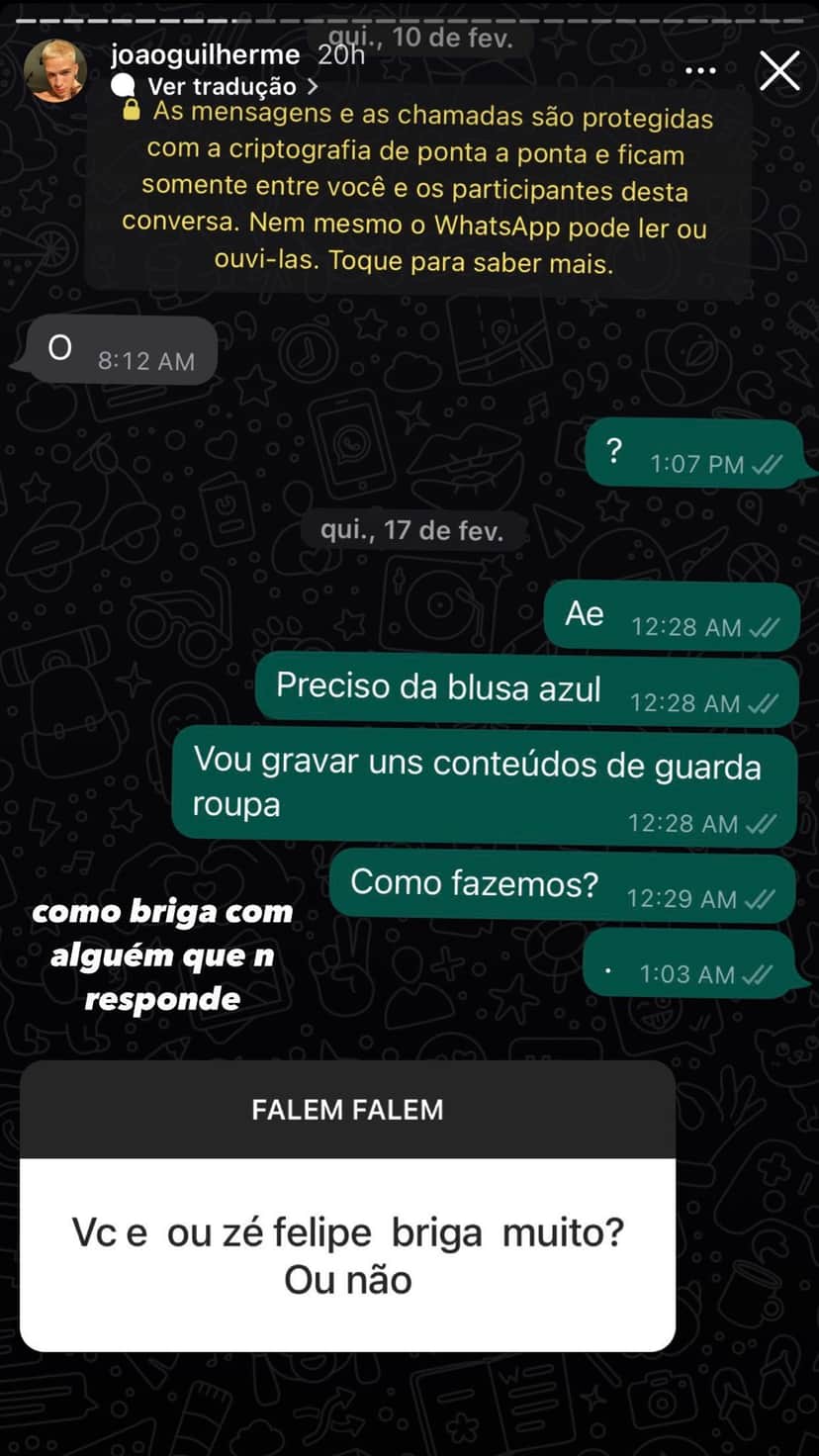 João Guilherme decidiu expor Zé Felipe publicamente João Guilherme decidiu expor Zé Felipe publicamente