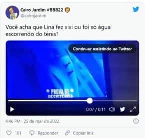 Lina é acusada de fazer xixi durante Prova do Líder no BBB22 (Foto: Reprodução / Twitter) Lina é acusada de fazer xixi durante Prova do Líder no BBB22 (Foto: Reprodução / Twitter)