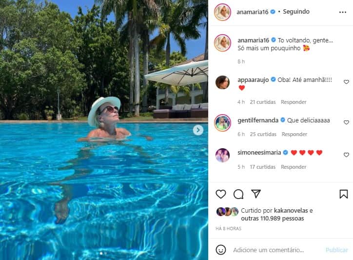 Ana Maria Braga posou tranquilamente na piscina (Foto: Reprodução) Ana Maria Braga posou tranquilamente na piscina (Foto: Reprodução)