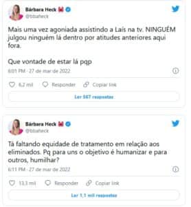 Bárbara Heck detonou Globo e defendeu Laís, última eliminada do BBB22 (Foto: Reprodução / Twitter) Bárbara Heck detonou Globo e defendeu Laís, última eliminada do BBB22 (Foto: Reprodução / Twitter)