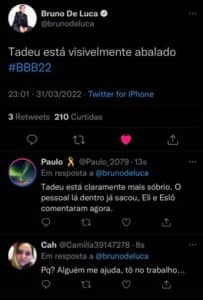 Internautas comentaram Tadeu no BBB22, devastado com o acidente de Rodrigo Mussi (Foto: Reprodução / Twitter) Internautas comentaram Tadeu no BBB22, devastado com o acidente de Rodrigo Mussi (Foto: Reprodução / Twitter)