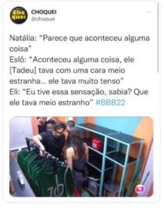 Web não deixou passar batido o desânimo de Tadeu no BBB22, devastado com o acidente de Rodrigo Mussi (Foto: Reprodução / Twitter) Web não deixou passar batido o desânimo de Tadeu no BBB22, devastado com o acidente de Rodrigo Mussi (Foto: Reprodução / Twitter)