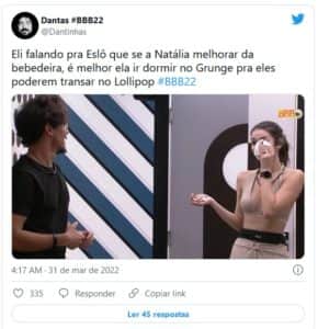 Internautas reagiram a noite quente de Eliezer e Natália no BBB22 (Foto: Reprodução / Twitter) Internautas reagiram a noite quente de Eliezer e Natália no BBB22 (Foto: Reprodução / Twitter)