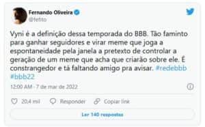 Fefito criticou Vyni no BBB22 (Foto: Reprodução / Twitter) Fefito criticou Vyni no BBB22 (Foto: Reprodução / Twitter)