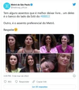 Metrô de SP também brincou com a maldição de sentar ao lado de Eslô no BBB22 (Foto: Reprodução / Twitter) Metrô de SP também brincou com a maldição de sentar ao lado de Eslô no BBB22 (Foto: Reprodução / Twitter)